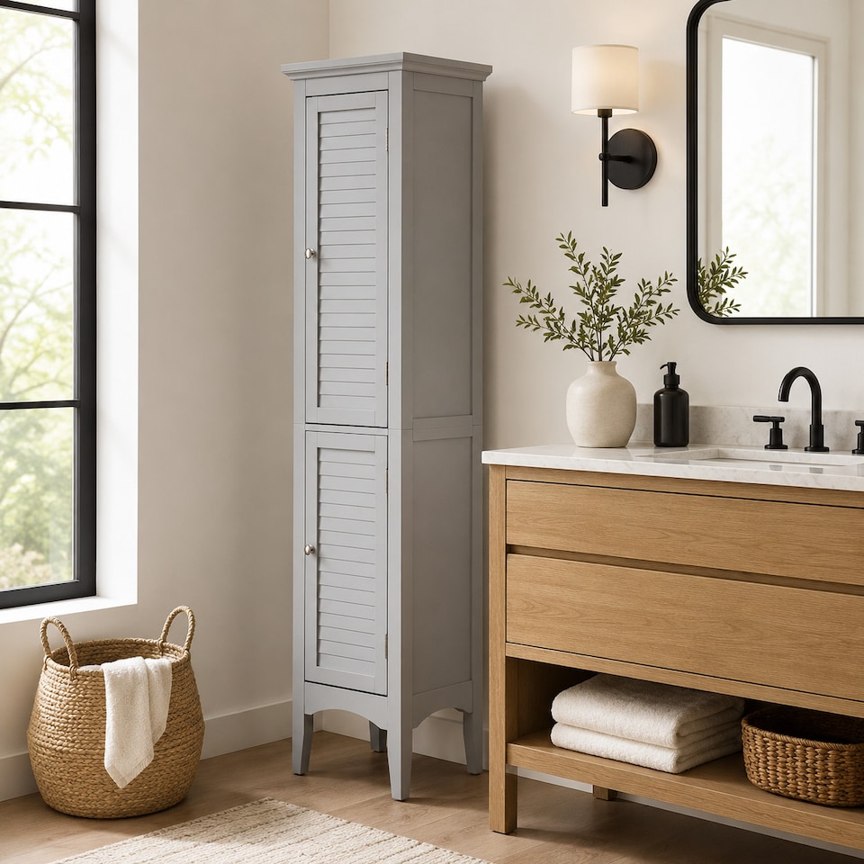 image 1 of Teamson Home Freestanding Linen Tower with Two Faux Louvered Doors, Gray, 63in