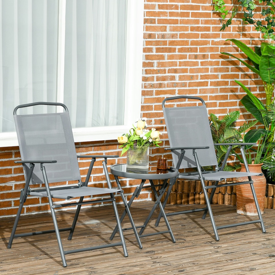image 1 of Outsunny Patio Bistro Set Folding Chairs & Coffee Table for Balcony Light Grey