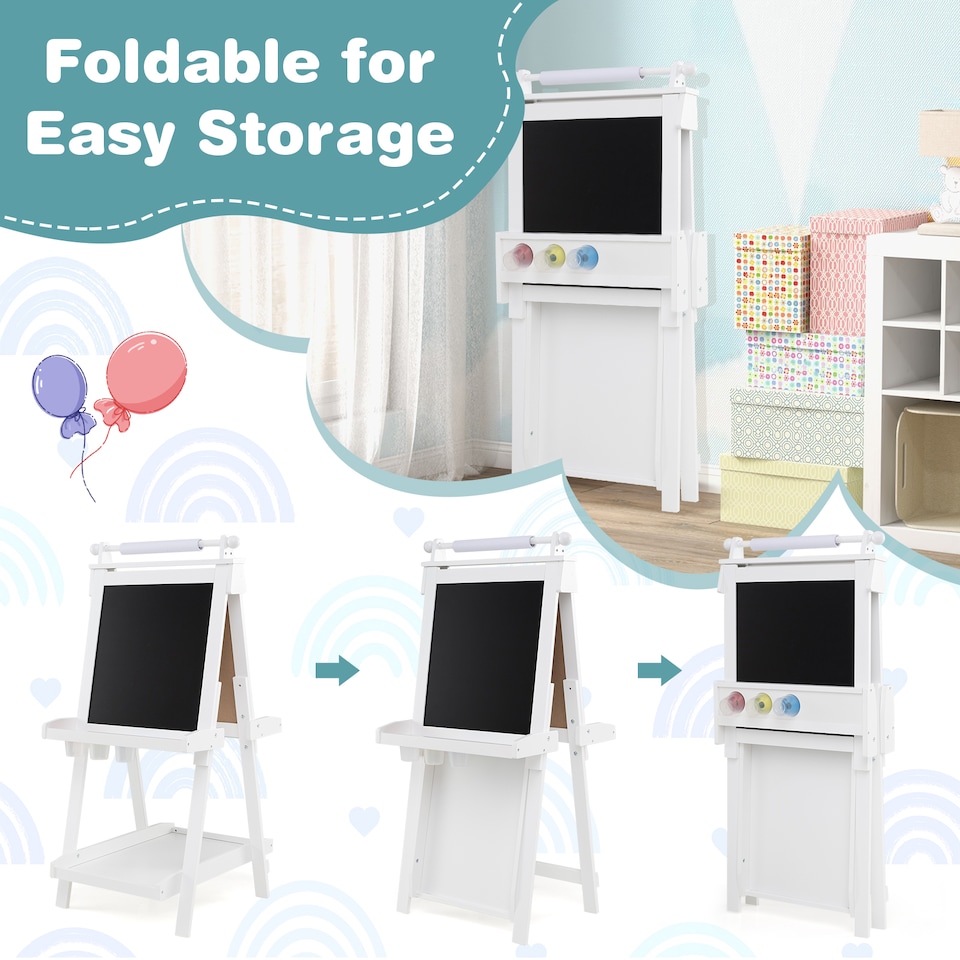 image 1 of COSTWAY Foldable Easel Kids 3-in-1 Double-sided Art Easel w/Chalkboard-White