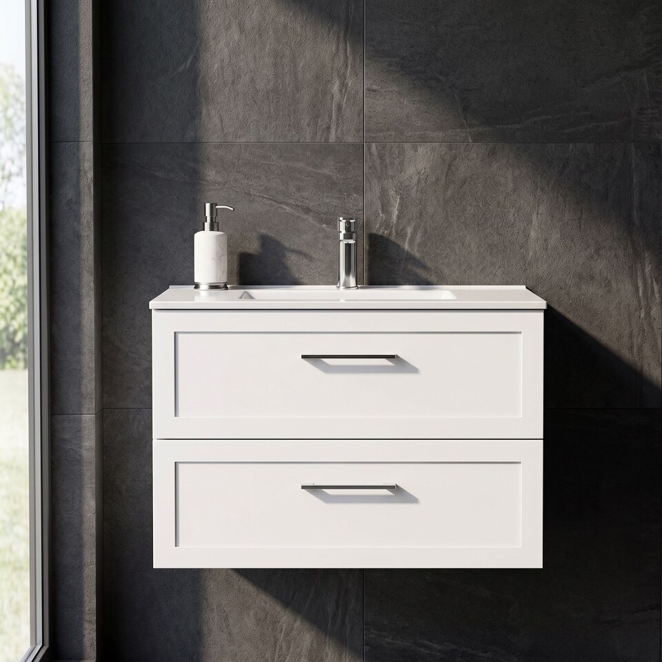 image 1 of Balterley Stonnall Traditional Wall Hung 2 Drawers Vanity Unit with Minimalist Ceramic Basin, 800mm, Matt White
