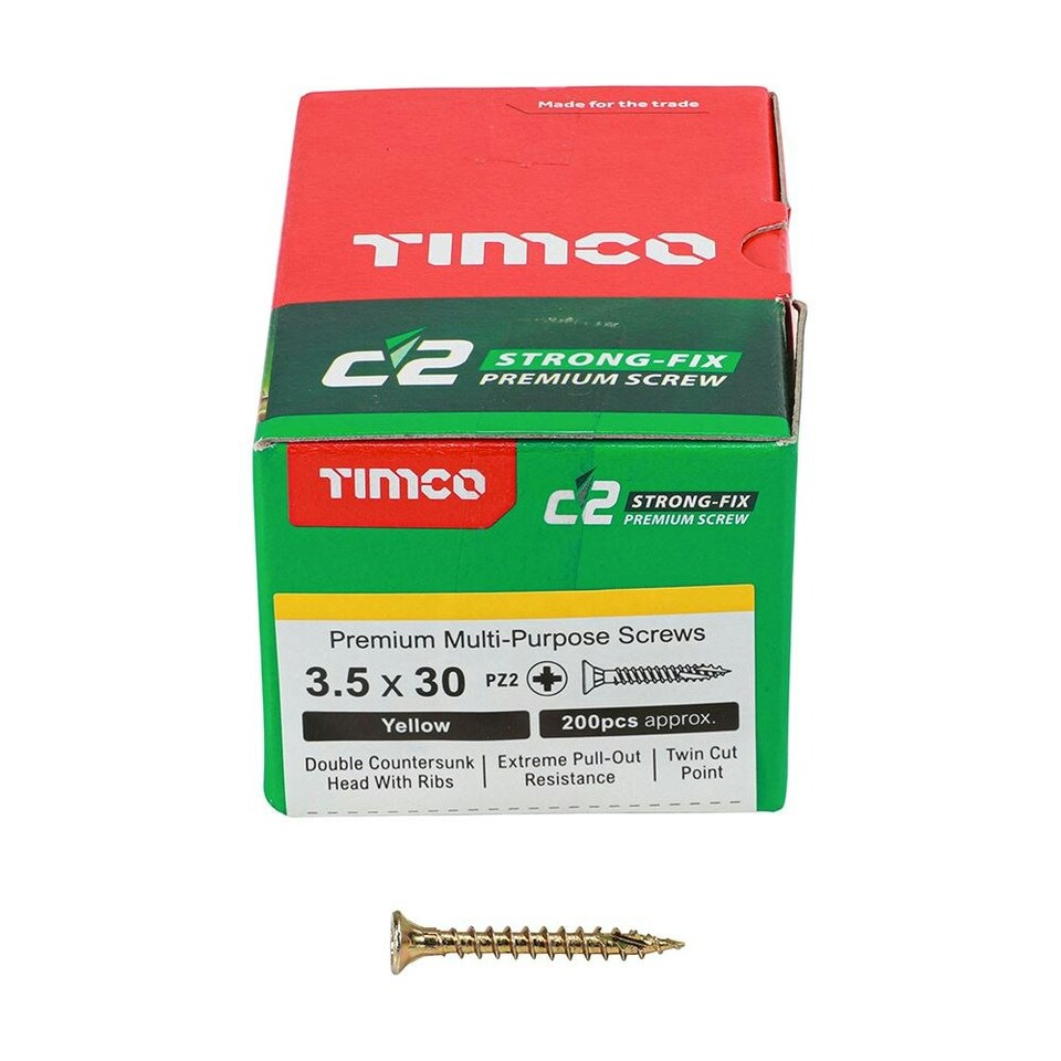 image 1 of Timco - C2 Strong-Fix Multi-Purpose Premium Screws - PZ - Double Countersunk - Yellow (Size 3.5 x 30 - 200 Pieces)