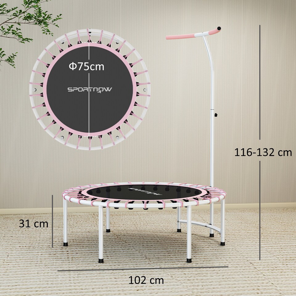 image 1 of SPORTNOW 40" Fitness Trampoline, Mini Rebounder Trampoline for Adults with 5-Level Adjustable Handle, Indoor Exercise Bungee Rebounder, Max Load 100KG, Pink | Pink