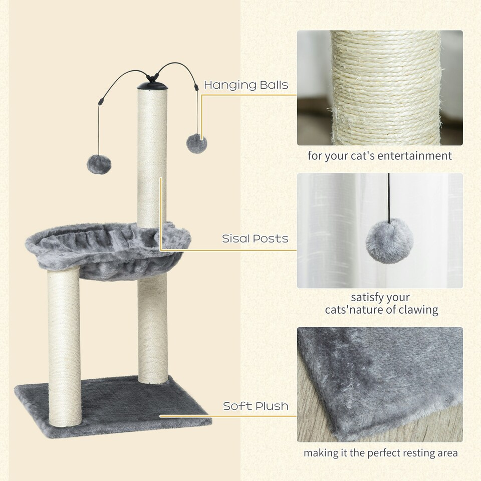 image 1 of PawHut 83cm Cat Tree Tower with Sisal Scratching Post Hammock Toy Grey
