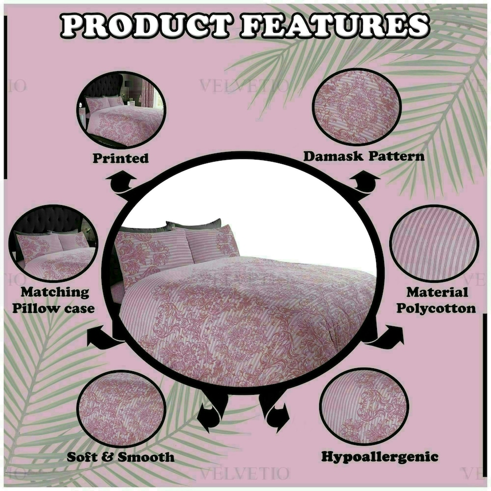 image 1 of VELVETIO Empire Damask Printed Duvet Cover Set Reversible Polycotton Beddings Pink | Single