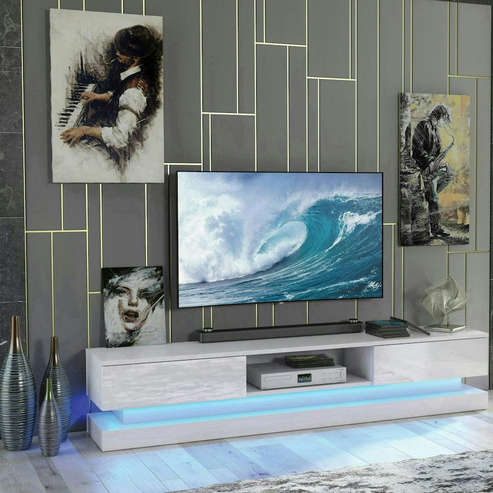 image 1 of TV Unit 180cm White Gloss Fronts White Matt Body with LED Base | White | One Size | 1