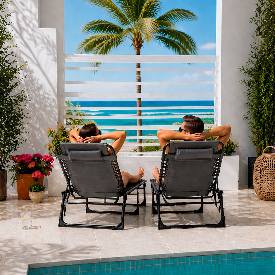 image 1 of Neo Pair of Outdoor Portable Lightweight Sun Lounger Sunbed Folding Camping Reclining Lounge Chair Garden Beach Patio | Grey