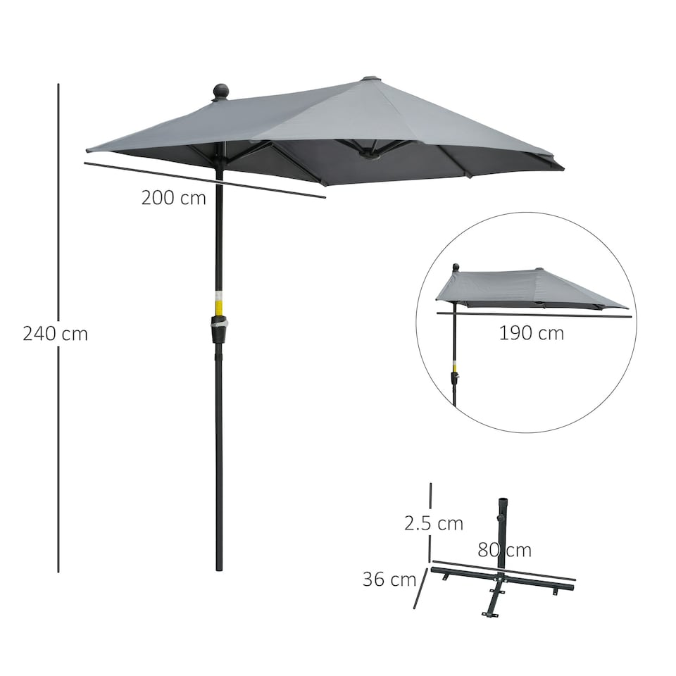 image 1 of Outsunny 2m Half Garden Parasol Market Umbrella w/ Crank Handle, Base Dark Grey