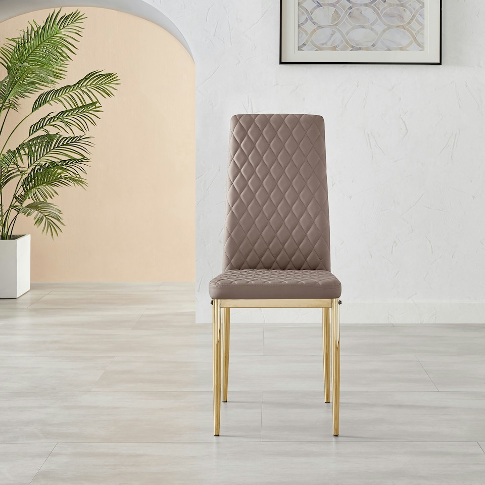 image 1 of Furniturebox 6x Milan Cappuccino Beige Gold Hatched Faux Leather Dining Chairs