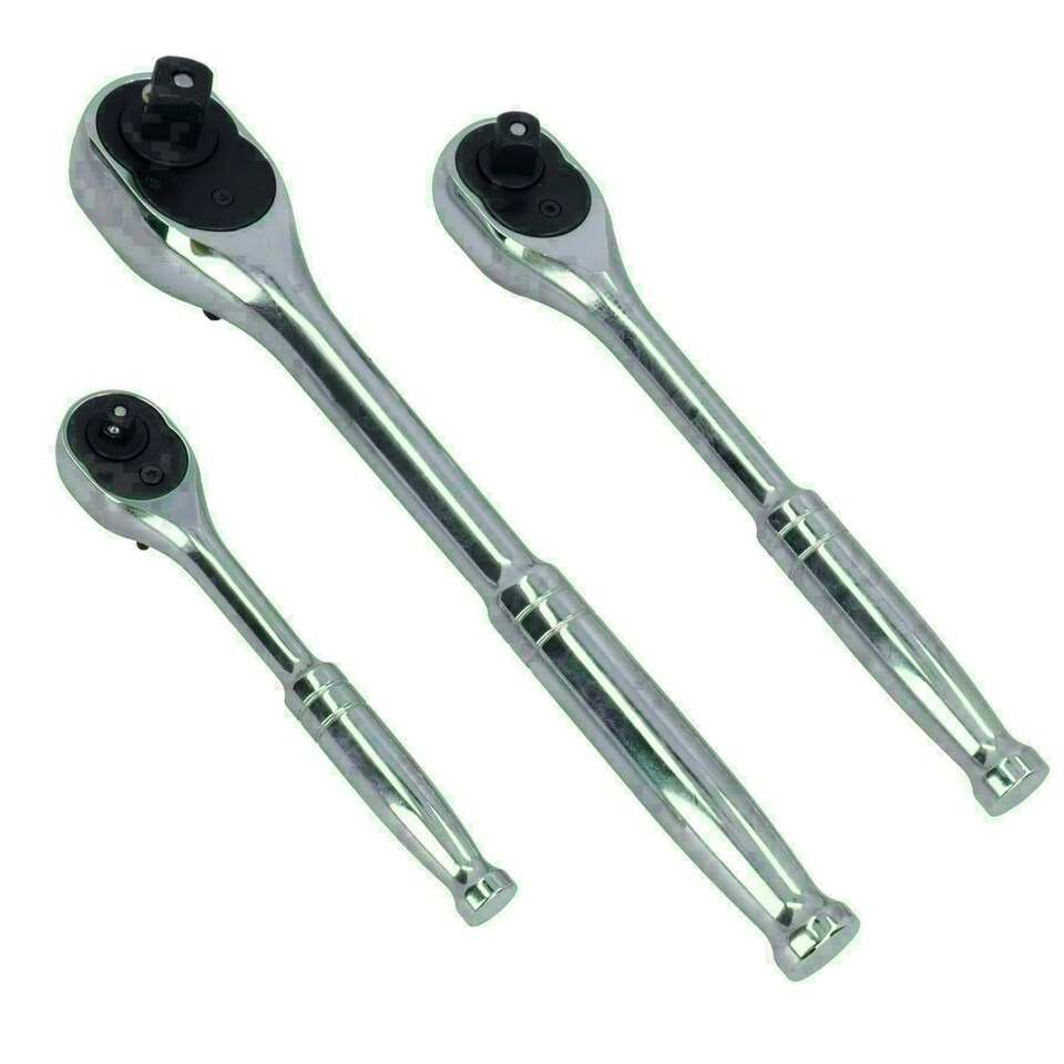 image 1 of 1/4in 3/8in 1/2in Drive Ratchets with Straight Handle 90 Teeth Quick Release 3pc