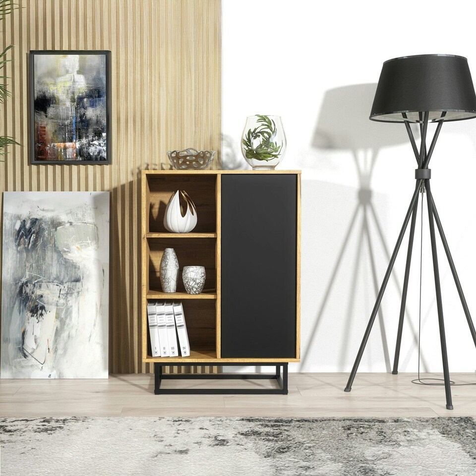 image 1 of Sideboard 70cm Oak Matt and Black Matt with Metal Legs | Multi | Oak