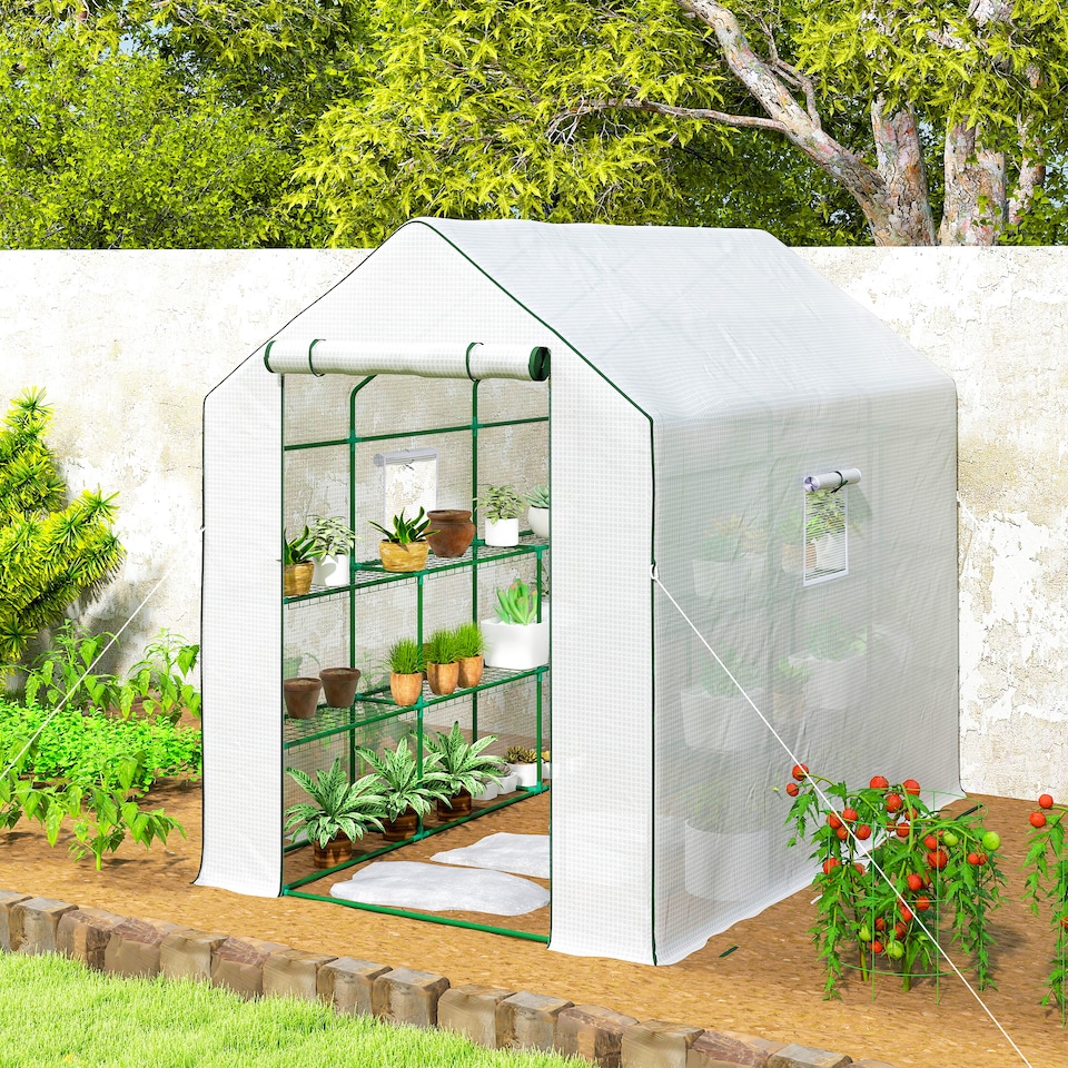 image 1 of Outsunny Walk-in Outdoor Green House with Door and Mesh Windows, White