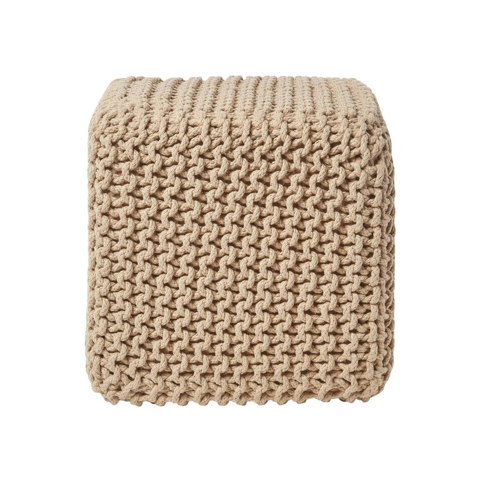 image 1 of Homescapes Linen Cube Cotton Knitted Pouffe Footstool