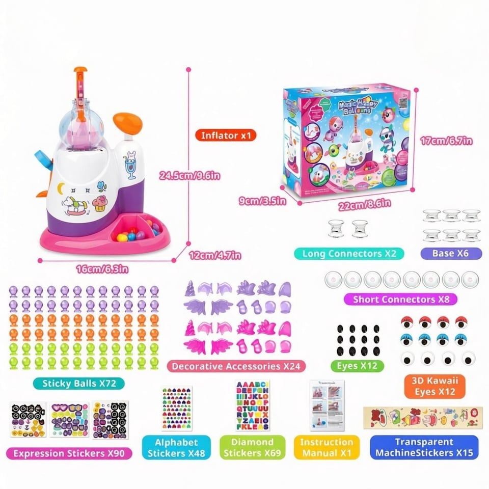 image 1 of Balloon Inflator DIY Squishy Making Kit for Kids Glow in the Dark Kawaii Squishy Toy Set with Balloons Stickers and Accessories (Pink)