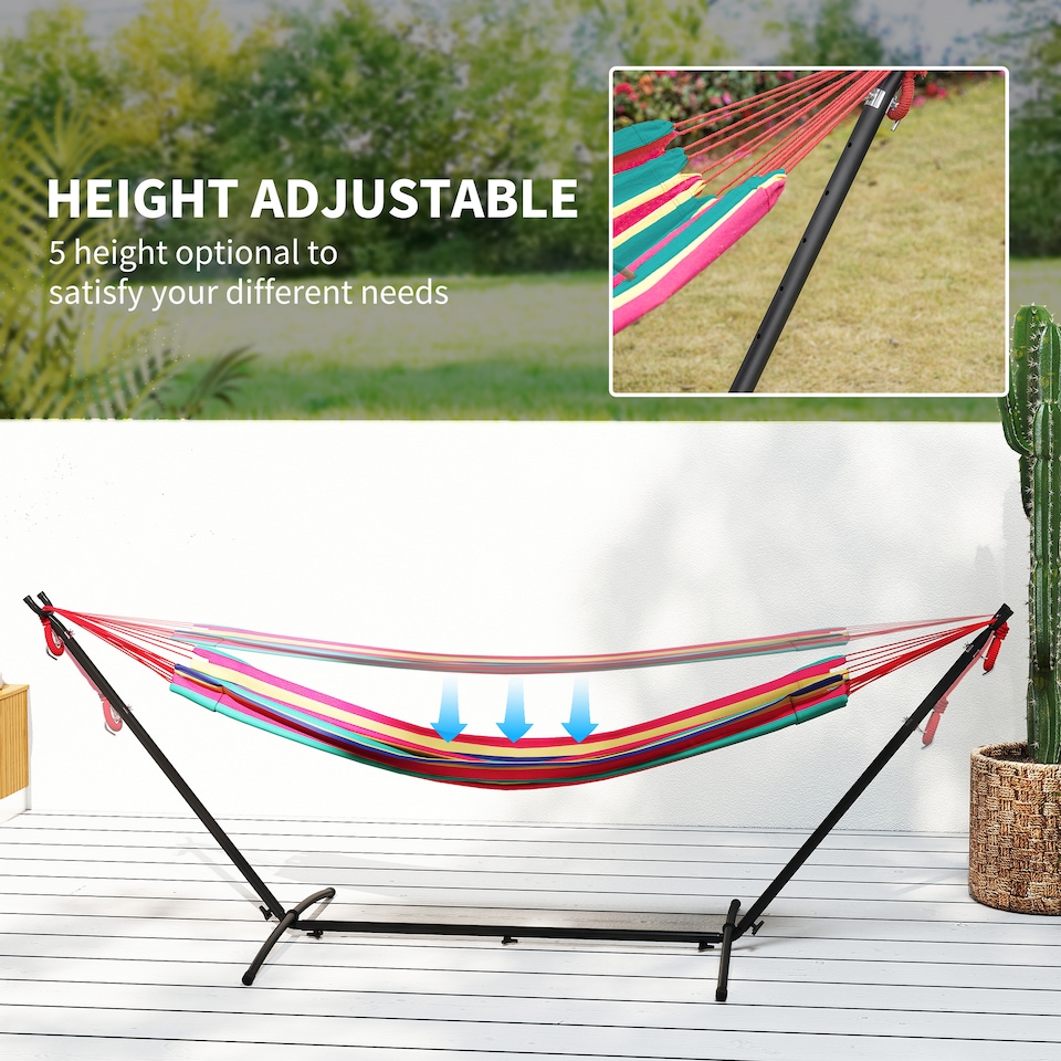 image 1 of Outsunny 298 x 117cm Hammock with Metal Stand Carrying Bag 120kg Multicolour | Multi | Multicolour stripe | L