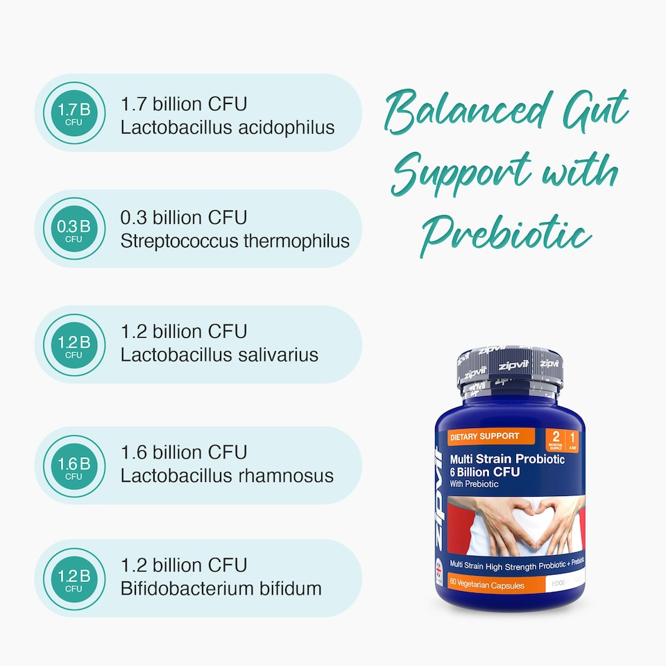 image 1 of Zipvit Multi-Strain Probiotic – 6 Billion CFU & Prebiotic, 60 Vegetarian Capsules, 2-Month Supply