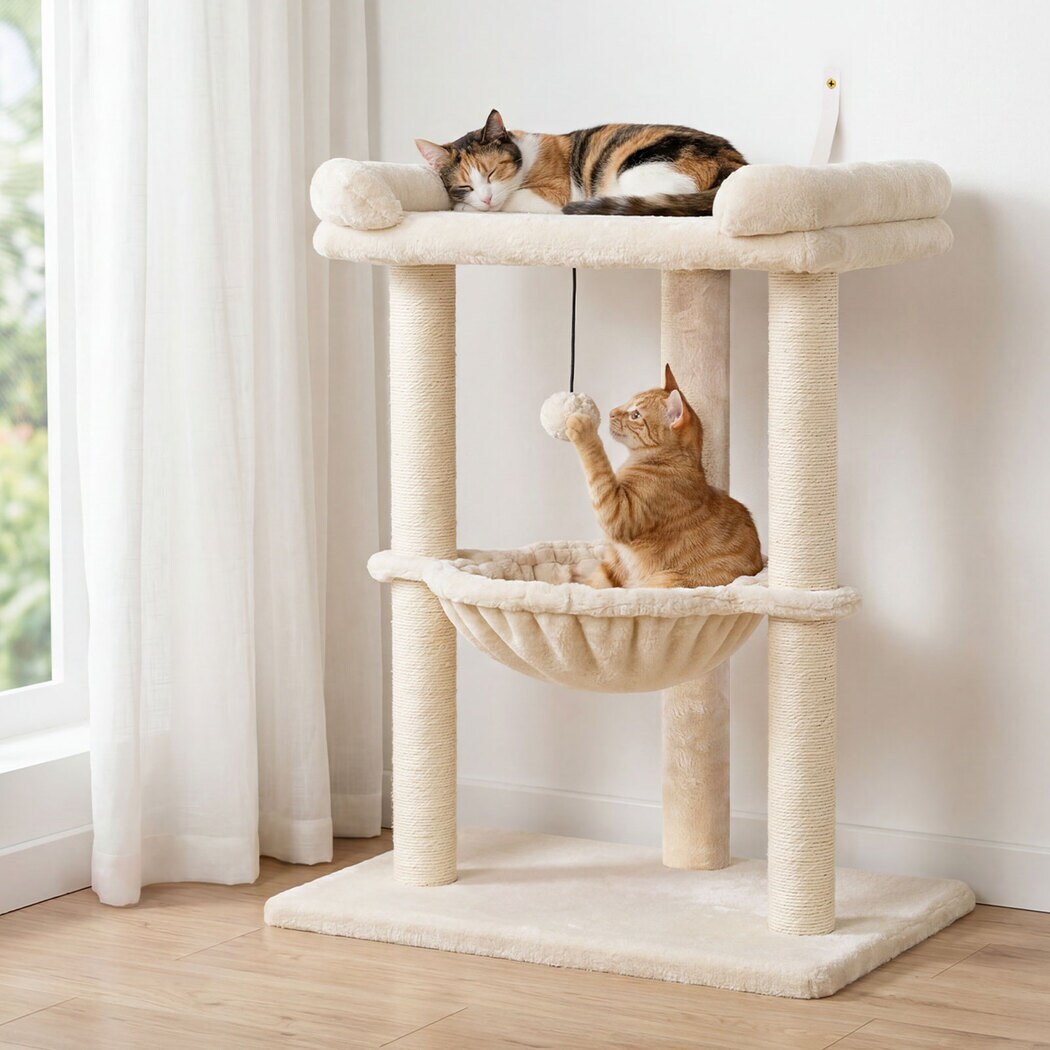 Skylos Cat Tree Tower Bed with Hammock Ball Scratching Post Large Perch Beige