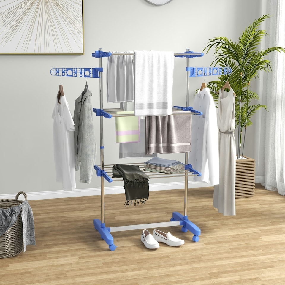 image 1 of HOMCOM 3-Tier Large Clothes Airer Stainless Steel Clothes Drying Rack Blue