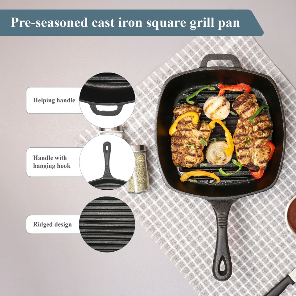 image 1 of Buckingham Pre-Seasoned Cast Iron Square Grill Skillet Pan  26 cm