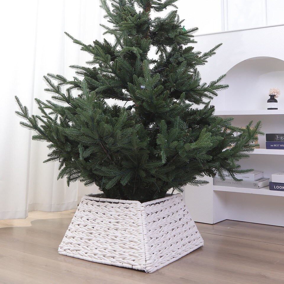 image 1 of 47cm Square Christmas Tree Skirt Stand Decorative Base Festive Xmas PVC Rope | Multi | White Rope | 1