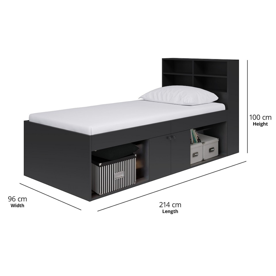image 1 of 3 Feet Low Cabin Bed with Bookcase Headboard - L214 x W96 x H100 cm - Black - Assembly Required