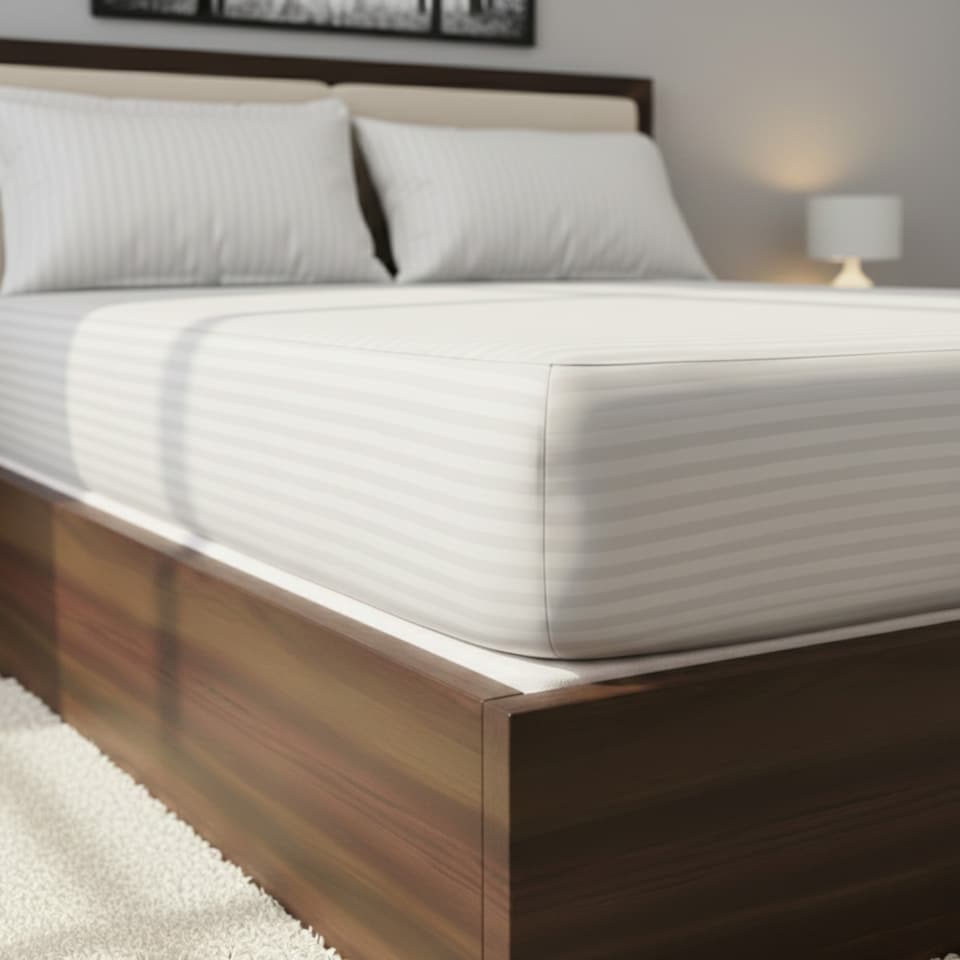 image 1 of Satin Stripe Soft Touch Fitted Sheet 40cm Extra Deep Skirt Bed Linen | White | Super King