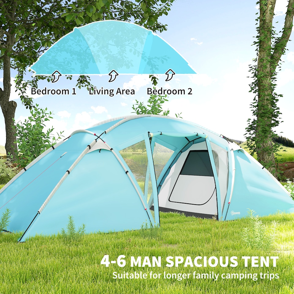 image 1 of Outsunny 4-6 Man Family Camping Tent with 2 Bedrooms, a Living Room | Blue | Blue