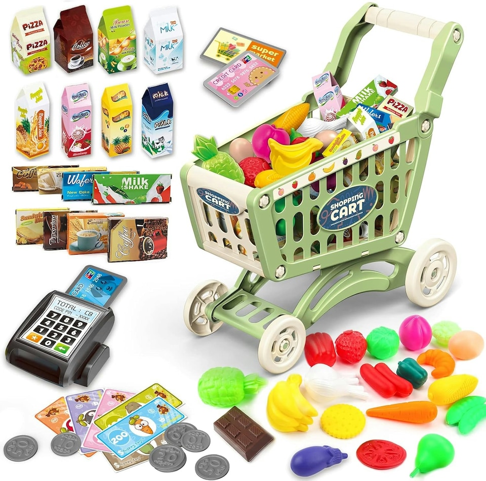 image 1 of Kids Shopping Cart Play Set - 65-Piece Pretend Grocery Kit with POS Machine, Plastic Money & Accessories Easy Assembly for Ages 3+ (Green)