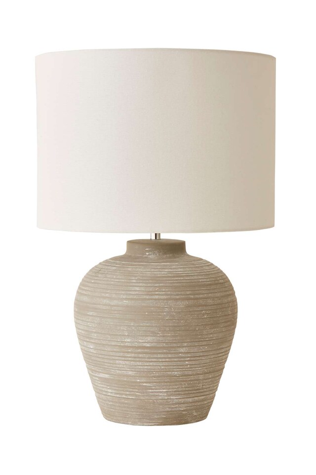 image 1 of ValueLights Reid Linen Drum Lamp Shade Stone Grey Ribbed Ceramic Large Table Lamp with Bulb | Grey