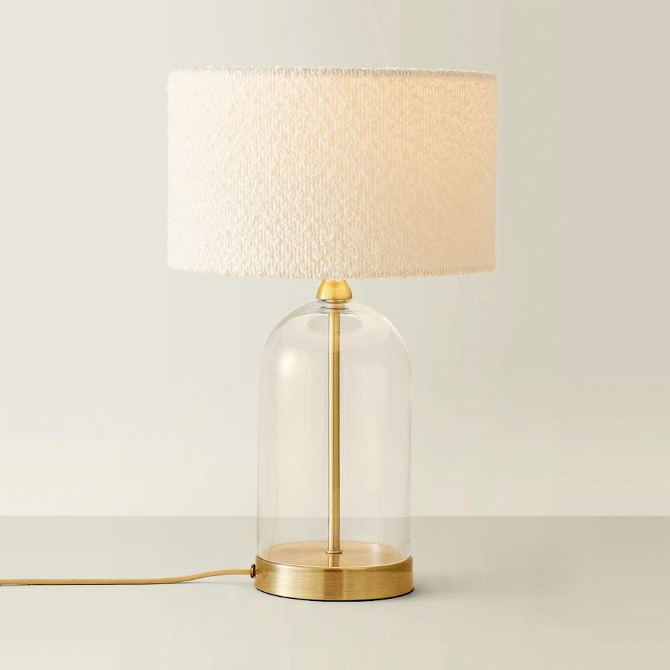 image 1 of ValueLights Jessy Glass and Gold Metal Bedside Table Lamp with a Cream Boucle Lampshade Cream