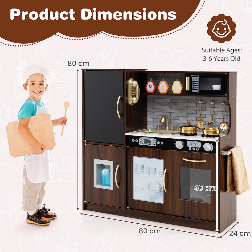 image 1 of COSTWAY Wooden Play Kitchen Kids Pretend Play Toy w/Microwave Ice Make-Brown