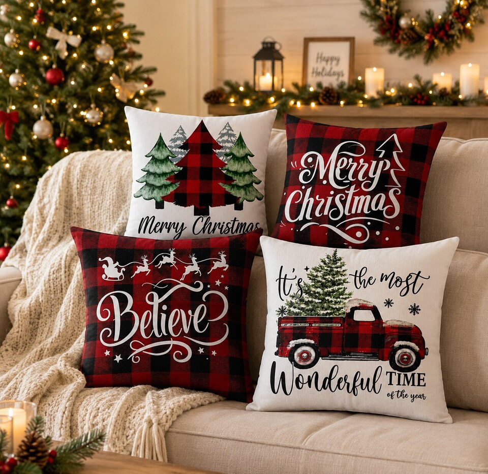 Covers&All Christmas Decorative Square Throw Pillow Set of 4 with