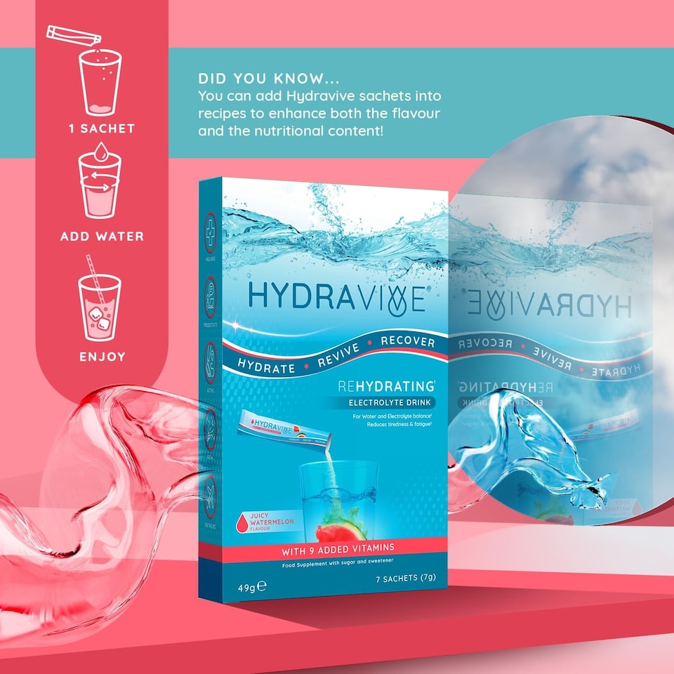 image 1 of Hydravive Rehydration Electrolytes Powder - High Strength Vitamin C and All 8 B Vitamins: B1, B3, B5, B12 Supplement Sachet Drink - 7 Pack Watermelon