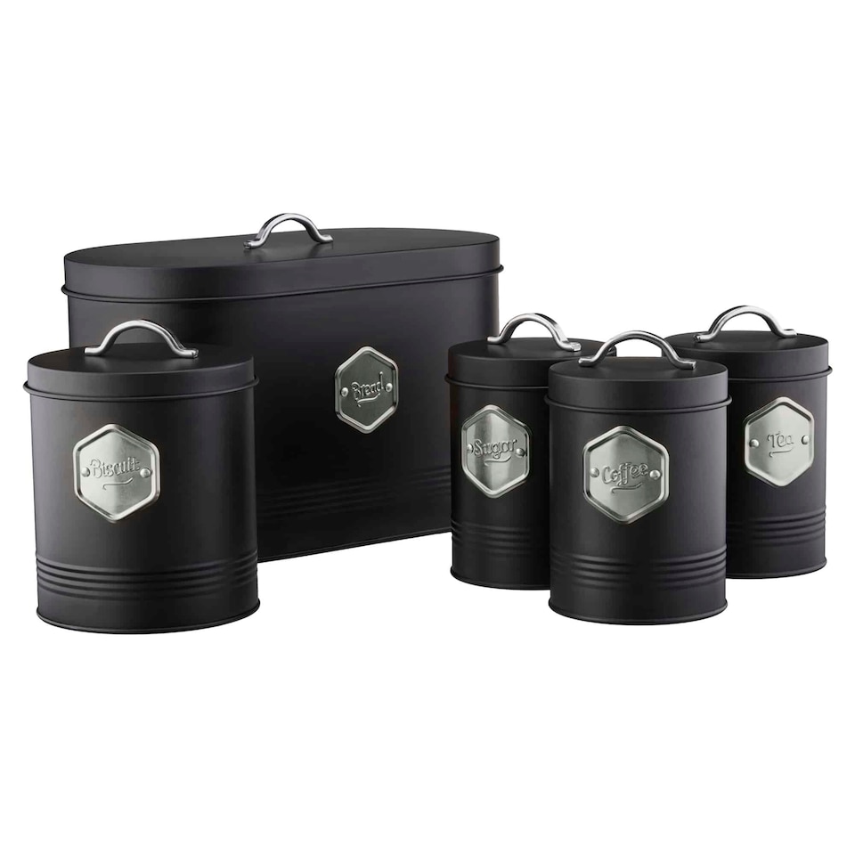 image 1 of Cooks Professional Kitchen Storage Set | 5-Piece | Bread Biscuit Tea Coffee Sugar | Black & Silver