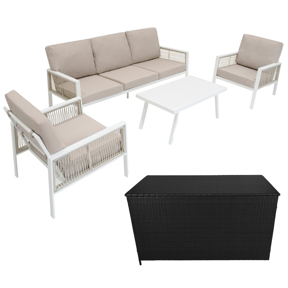 image 1 of Aluminium 4 Piece Sofa Set with Black Rattan Storage Box - White