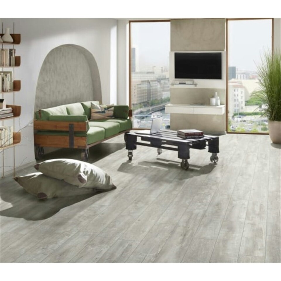 image 1 of PACK OF 10 (Total 10 Units) - Light Grey Oak 8mm Thick Laminate Flooring (22.2m2 Coverage)