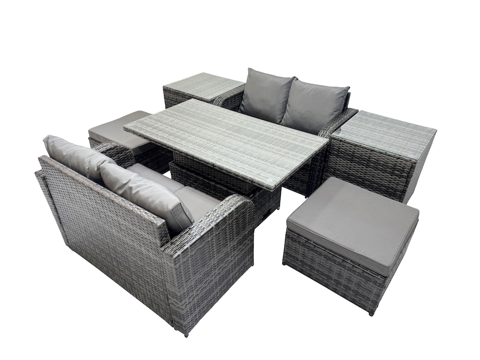 image 1 of Fimous 6-seater Patio Height Adjustable Rising Lifting Table Sofa Sets Rattan Garden Furniture Dining Set with 2 Big Stools 2 Side Tables Dark Grey Mixed
