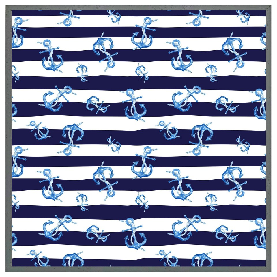 image 1 of Blue anchors on navy striped background (Picture Frame) White | S