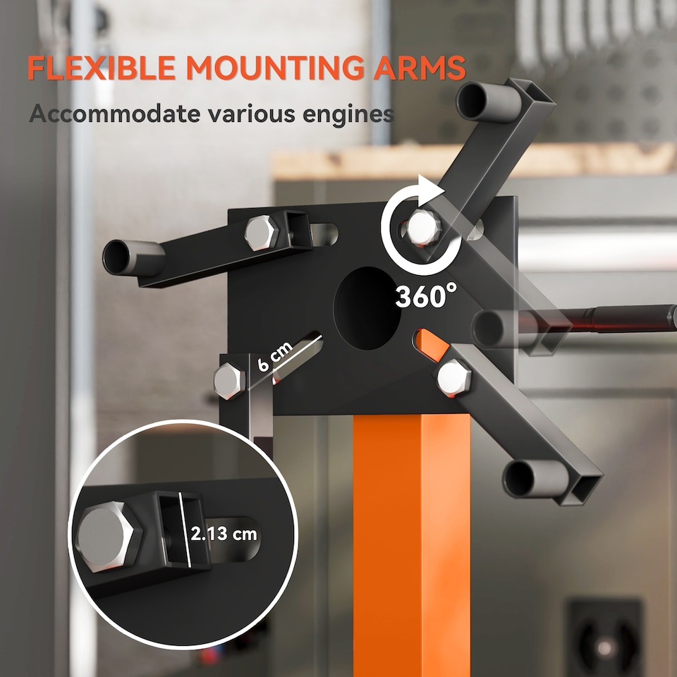 image 1 of HOMCOM Engine Stand, 570 kg Rotating Engine Stand with 360 Degree Adjustable Head, 4 Mounting Arms, Heavy Duty Steel Support, Universal Wheels for Garage Workshop Auto Repair, Orange