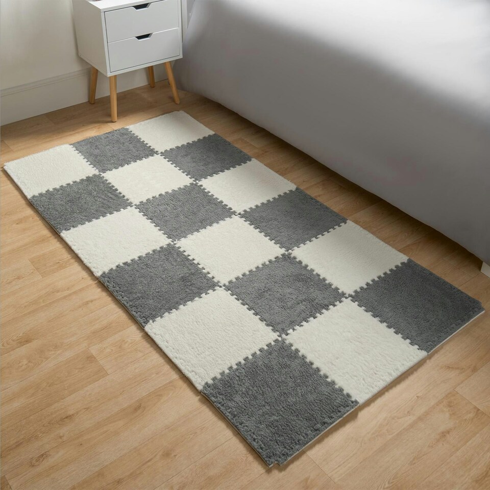 image 1 of OHS 36 Pack Teddy Fleece Interlocking Flooring Carpet Rug Tiles, 30x30cm - Grey