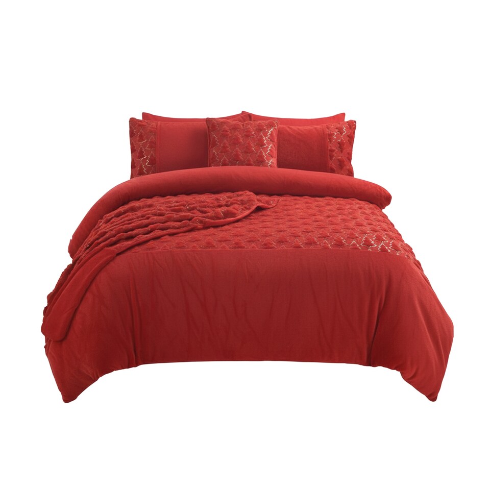 image 1 of Ultra Soft Teddy Duvet Cover Set Christmas Tree Cozy Fleece Bedding | Red | Double