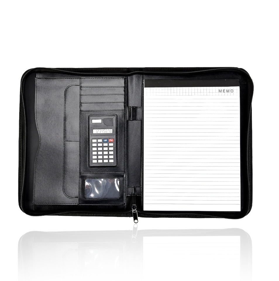 image 1 of A4 Zipped Conference Folder – Executive Portfolio with Calculator, Writing Pad, Pen Holder & Document Storage – Professional Faux Leather Business Organiser for Office, Meetings & Interviews