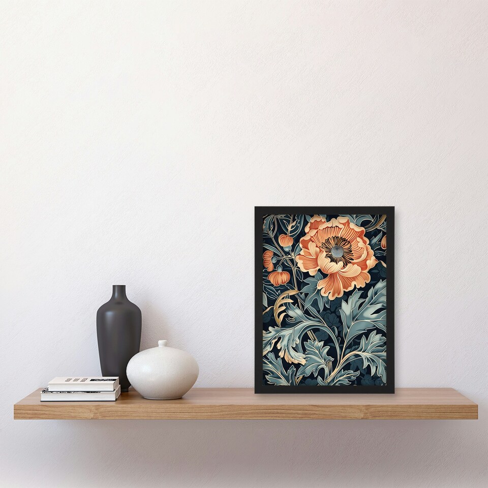 image 1 of Poppies Leaves Soft Floral Living Room Black Framed Wall Art Print A4