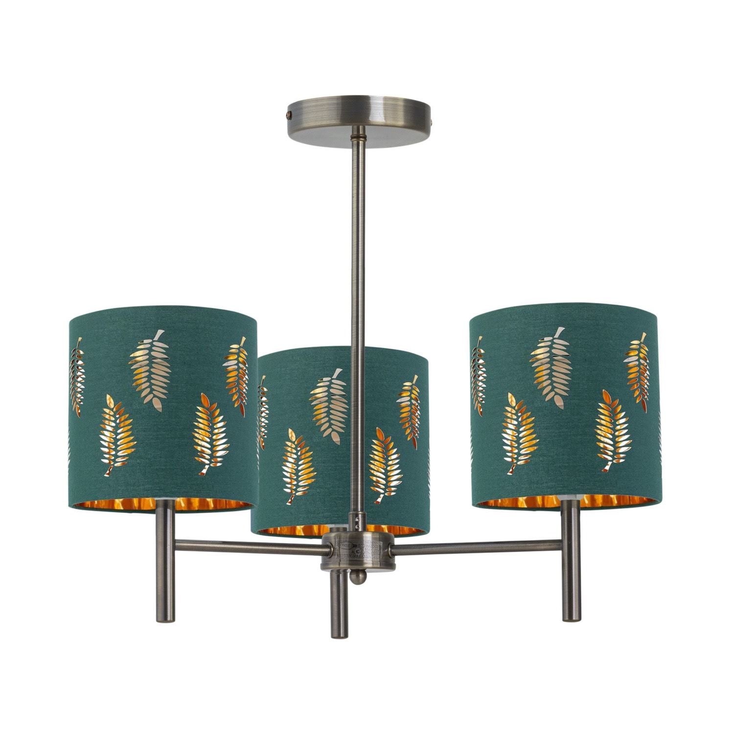 First Choice Lighting Brea - Antique Brass 3 Light Fitting with Dark Green Fern Shades in Gold