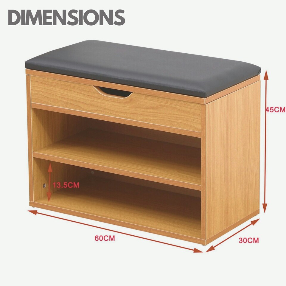 image 1 of Wooden Shoe Storage Bench With Cushioned Seat 60CM Brown