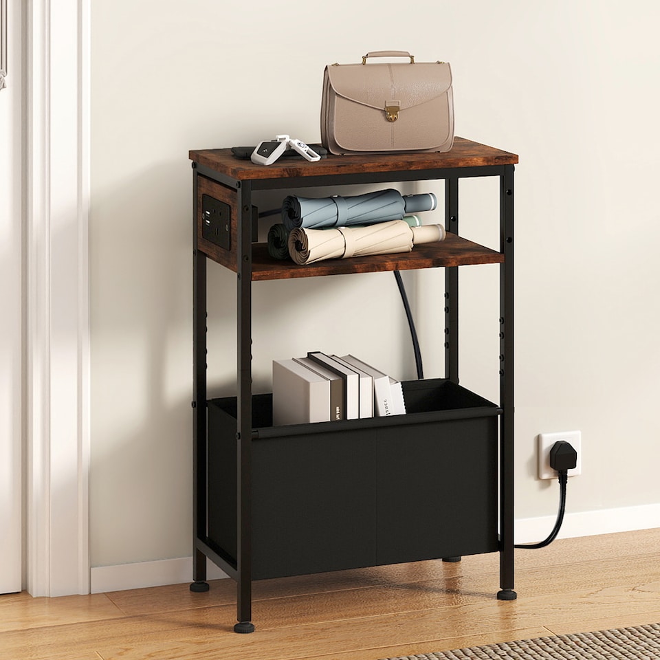 image 1 of Slim Side Table with Charging Station Storage Narrow End Table Sofa Living Room
