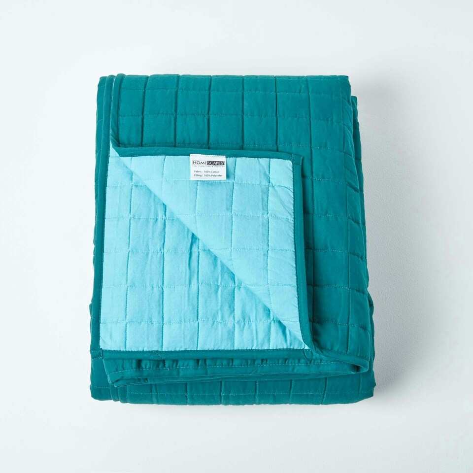 image 1 of Homescapes Cotton Quilted Reversible Bedspread Teal and Blue - 200 x 200 cm | Blue