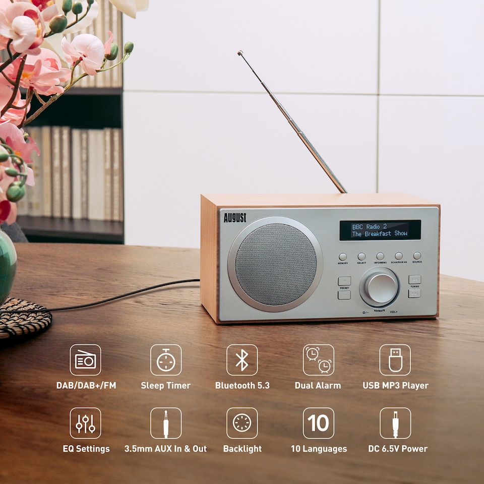 image 1 of Bluetooth Speaker with DAB/DAB+/FM Radio, Dual Alarm Clock, USB MP3 Playback & AUX-In – August MB420K