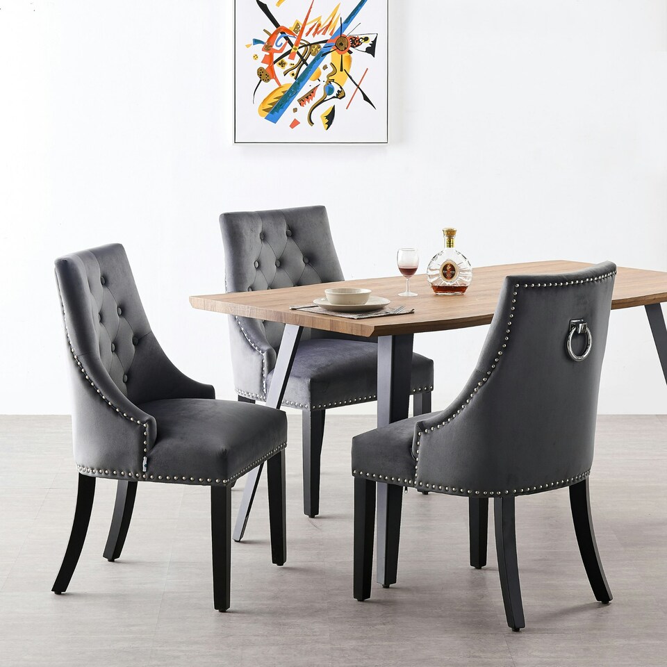 image 1 of Set of 2 Velvet Dining Chairs Ergonomic Scoop Knockerback & Button Tufted Wood Legs Grey | Dark Grey