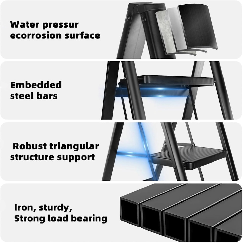 image 1 of Gr8 Home 3 Step Ladder Black Folding Stool Non Slip Heavy Duty Carbon Steel Lightweight