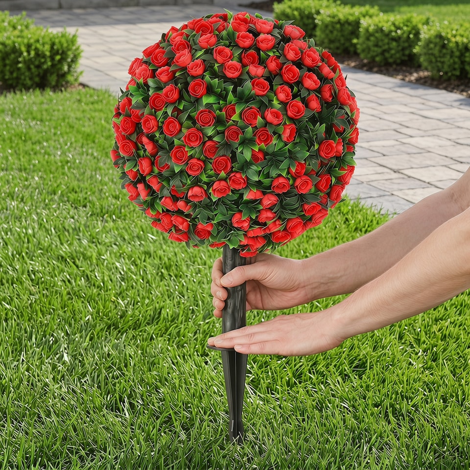 image 1 of HOMCOM Artificial Rose Topiary, UV Resistant, 2-Pack, 55 cm